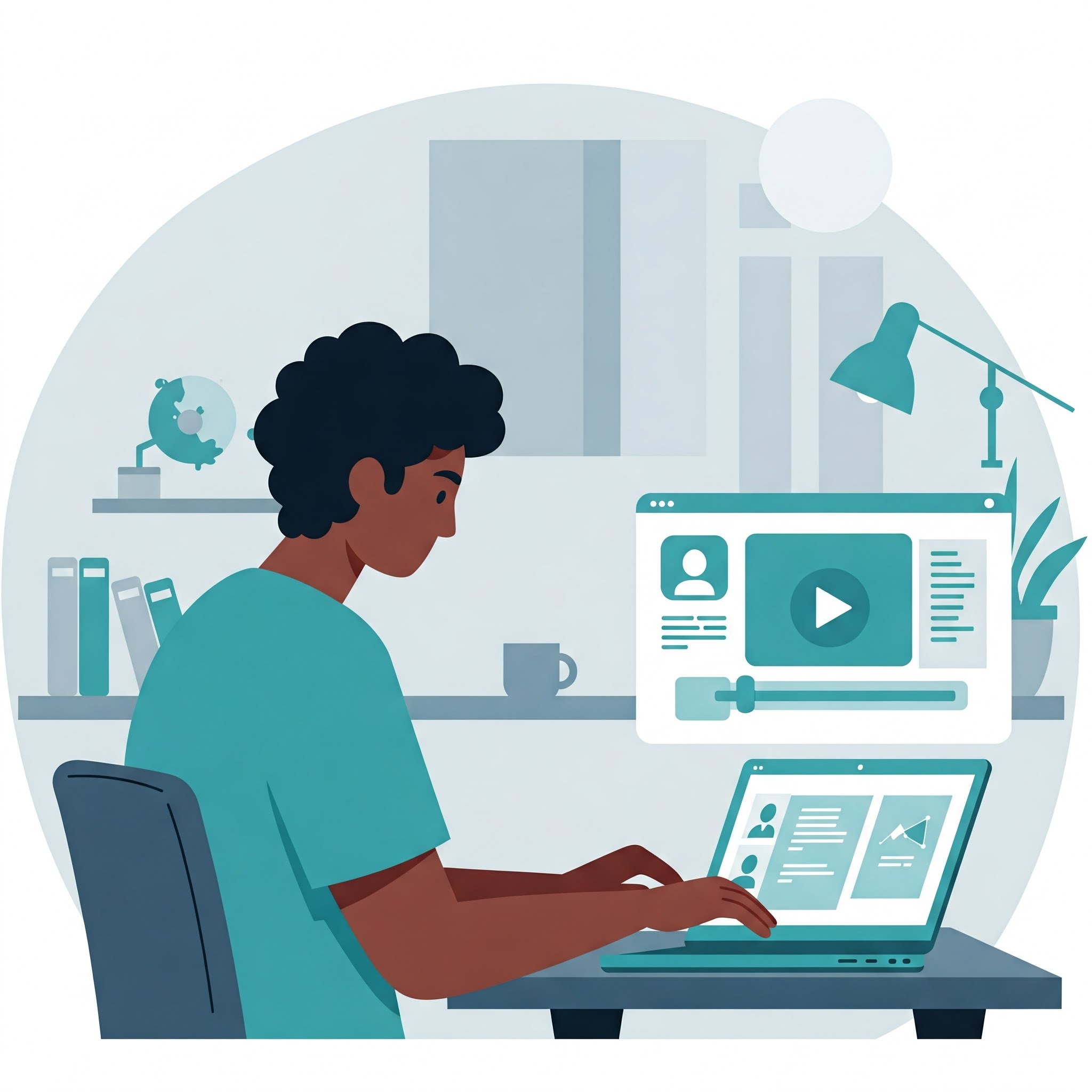 Student som ser på en video og leser på datamaskin